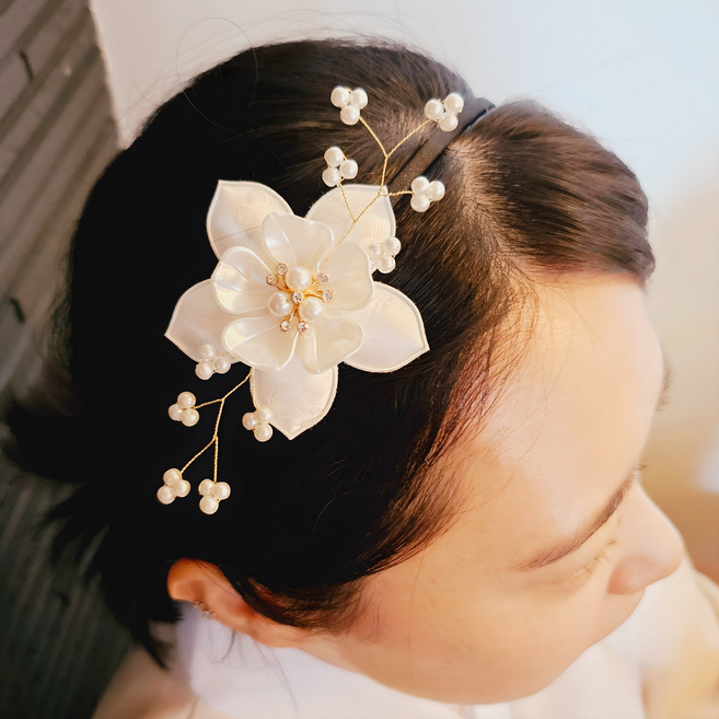BEEU 비유 진주가지 비단꽃 한복머리띠 / 명절 설 추석 돌잔치 결혼식 예식 여성 여아 성인 한복 머리띠 머리장식 장신구 헤어장식 헤어악세사리 헤어액세서리