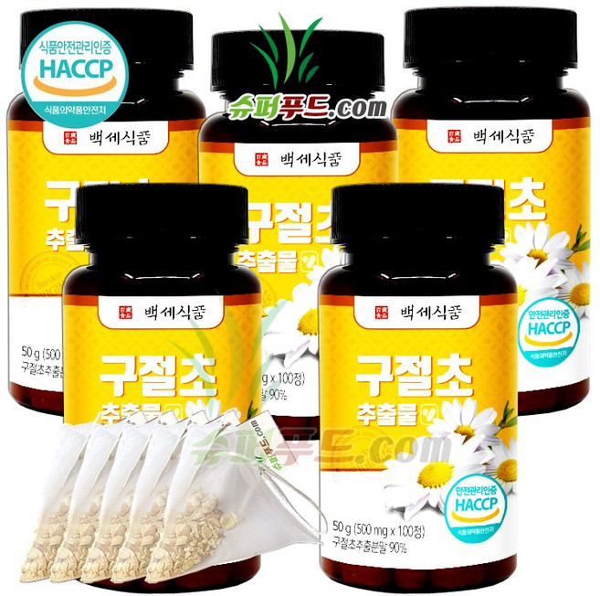 HACCP 식약처 인증 국내산 구절초 추출물 베타카로틴 철분 칼륨 칼슘 비타민 리나린 아케세틴 캠퍼 캄펜 아피게닌 루테올린 혼합 유산균 구절초추출물정 + 슈퍼푸드.com 연자육티백, 5세트, 50g