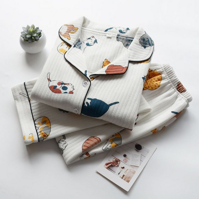 잠옷 순면 기모 누빔 세트 패턴 겨울 고양이 따뜻한