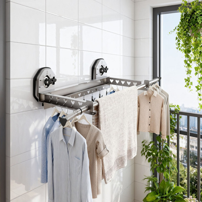 KEMEI 길이조절 무타공 흡착식 창문 빨래건조대, 블랙