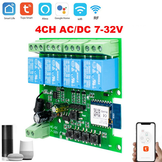 4CH 투야 와이파이 스마트 10A 85 4채널 릴레이 수신기 250V 모듈 32V RF433 무선 110V 4방향 스위치 2200W 220V, AC 7 32V