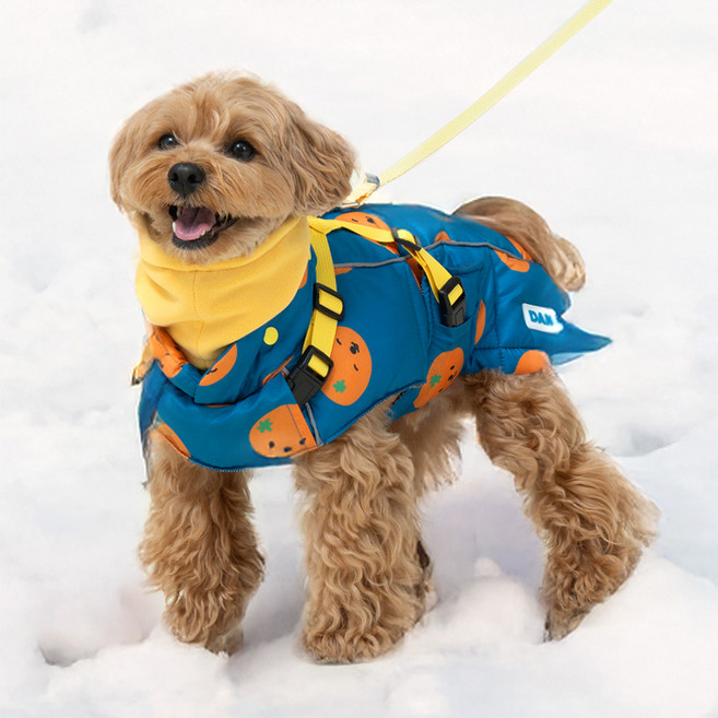 댄 리얼 하네스 강아지 올인원 패딩 발열조끼 겨울옷, 1개, 네이비(귤)