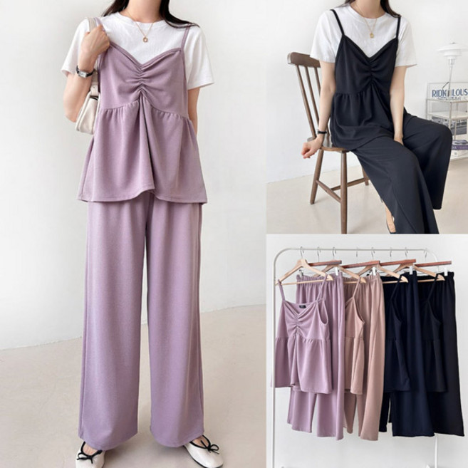 여성 오버핏 브이주름 뷔스티에 세트 나비셔링 스판 상하의 바지 임부복 set