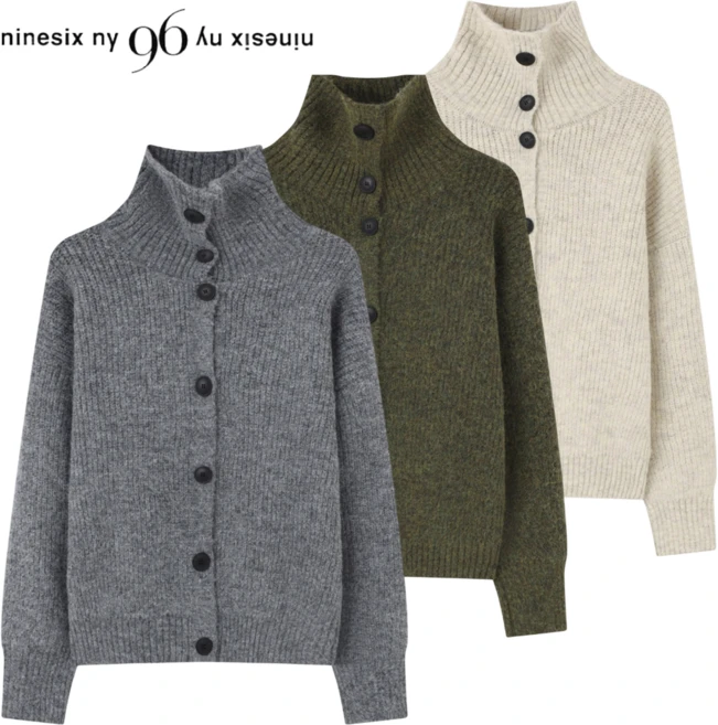 [매장발송] 나인식스뉴욕 여성 가디건 봄 간절기 하이넥 버튼 벌룬 소매 니트 아우터 - 쿠팡