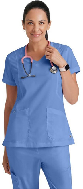 BARCO Grey's Anatomy Scrubs - 여성용 Kira 스크럽 탑 브이넥 러브 프린트 지퍼 포켓 슈퍼 소프트 수술복 상의 Ciel Blue