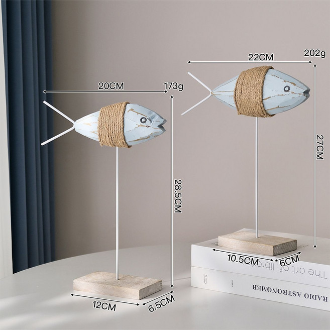 地中海風格 魚擺件 家居飾品 木質裝飾品 桌面擺飾, 1個, 復古藍松木魚一對