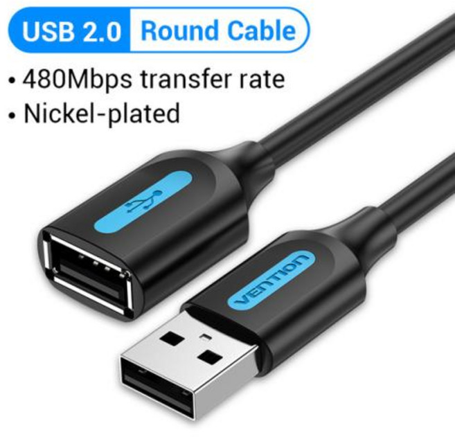 Vention USB 3.0 2.0 연장 케이블 PC 스마트 TV 박스용 데이터 코드 수형-암형 SSD 고속 USB 케이블 연장, USB 2.0 Black CBI_2m, 24) USB 2.0 Black CBI - 2m, 1개, 없음