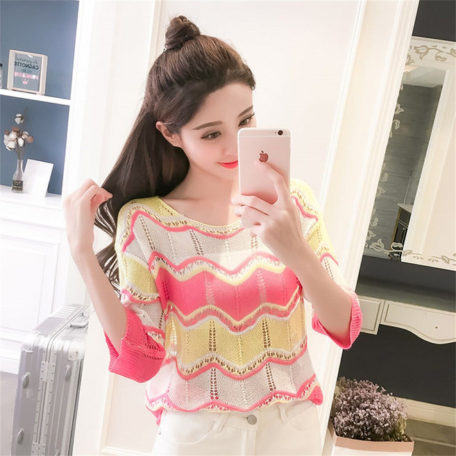 besteffie 여름니트 여성용 쿨 시원한 펀칭 그물 반팔 숏니트 시스루 망사 펀칭 니트티 E88