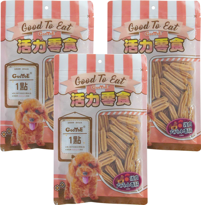 GooToe 活力零食 犬用 雞肉六角小香腸, 200g, 3包