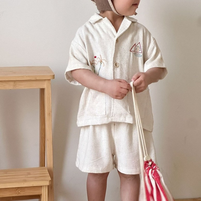 구빠방 아동 자수 린넨 반팔 상하복 세트 남매룩 투피스