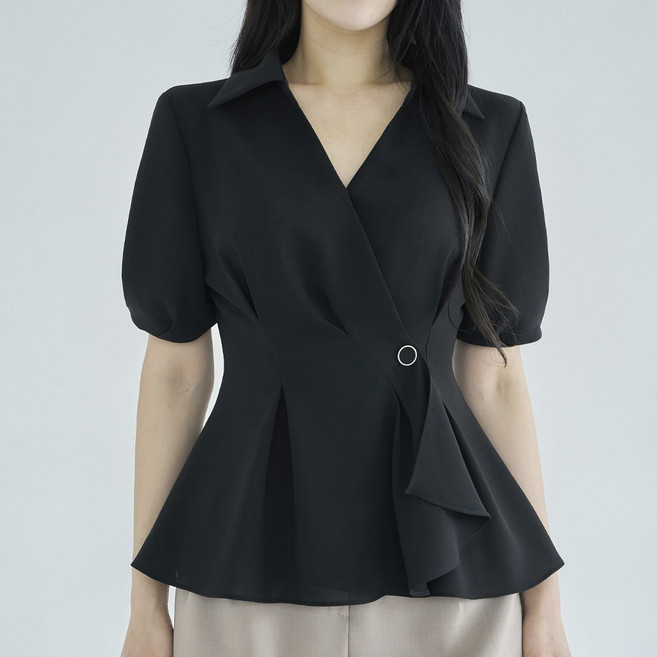 더웨이나인 여성 반팔 셔츠 셔링 랩 블라우스 여름 퍼프 A라인