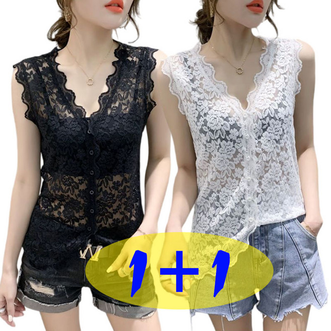 1+1(2종세트) 여성용 데일리 빅사이즈 브이넥 민소매 티 슬림핏 버튼 레이스 나시