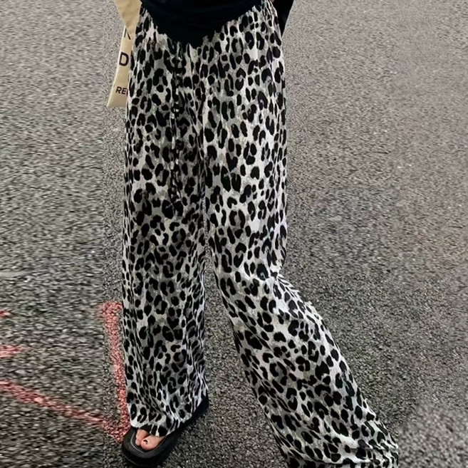 제나온 여성 호피 레오파드 냉감 와이드 밴딩 팬츠