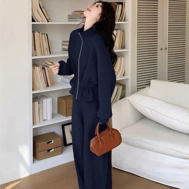 봄가을 여성용 루즈핏 플로럴 캐주얼 트레이닝복 세트 슬리밍 스포츠 상하의 투피스 세트