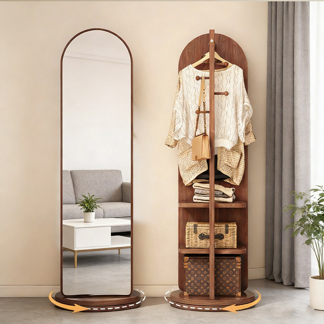 SOPUM HOUSE 다용도 회전식 옷걸이행거 전신거울 수납선반 스탠드행거, 호두색