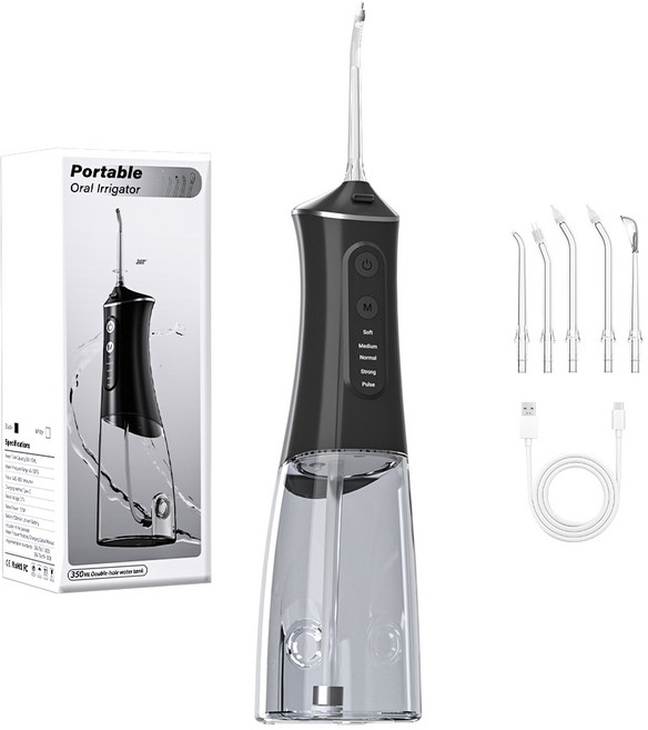 IPX7 방수 5모드 휴대용 워터픽 대용량 배터리 구강세정기, 블랙, T-KORCYQ