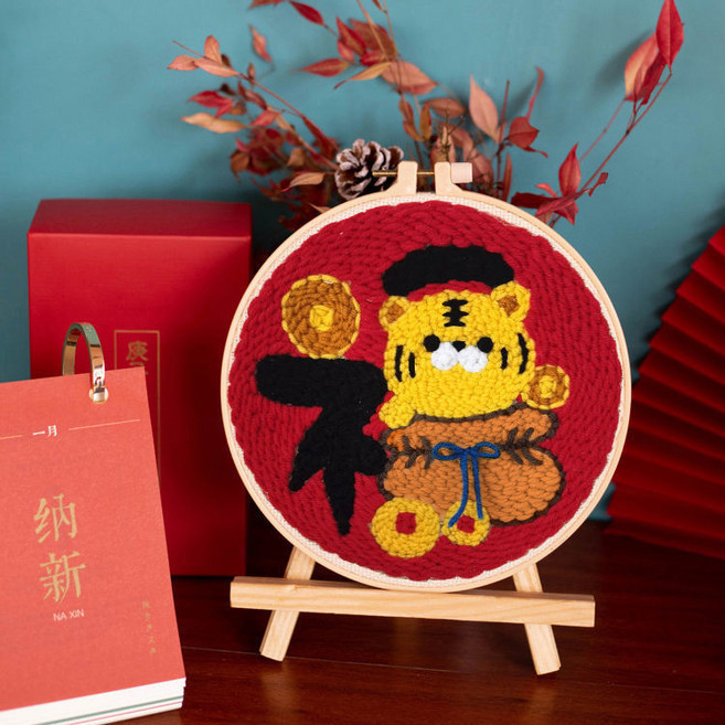 手工戳戳繡DIY材料包, 1個, 【福氣虎】簡單戳筆+三角架