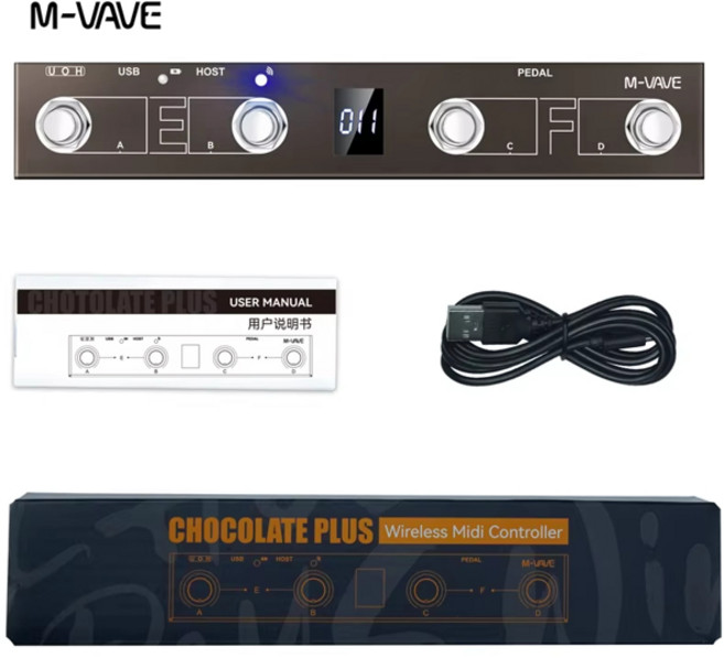 M-VAVE 초콜릿 플러스 무선 MIDI 컨트롤러 페달 4버튼 다기능 기타용 12시간 배터리 비디오 페이지 터너, Chocolate Plus Bk