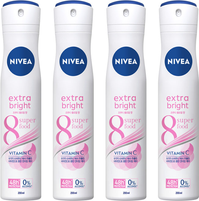 니베아 데오드라트 스프레이 엑스트라 브라이트, 200ml, 4개