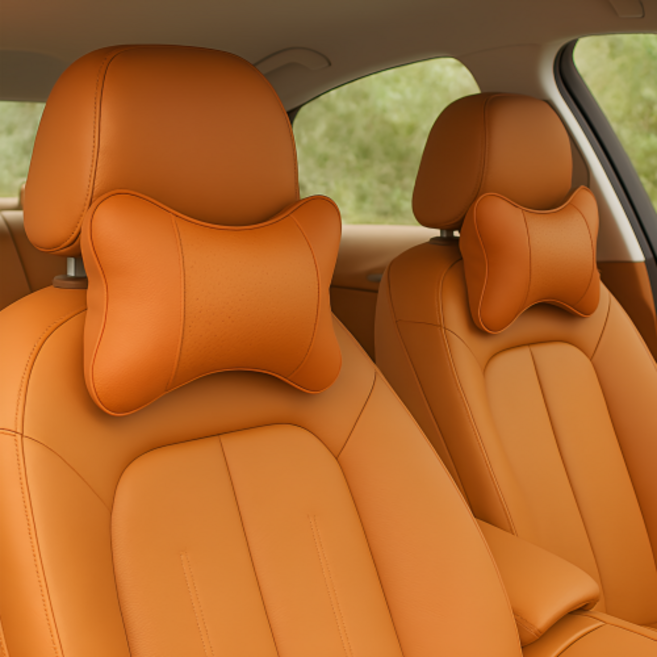 노재 피로ZERO 차량용 가죽 목쿠션 세트 전차종OK, 2개, 브라운