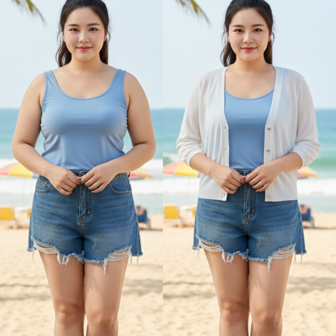 나나스윗 여성 여름 가디건 7부 루즈핏 빅사이즈 팔뚝커버 얇은 가디건 나시 원피스 코디