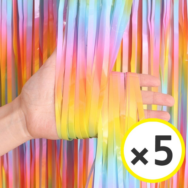 생일파티 용품 파티커튼 42컬러 홀로그램/새틴 무광/파스텔/샤이니 포토존 소품 은박 수술 가랜드 커튼 [에브리띵스마일], 홀로그램 레인보우, 5개
