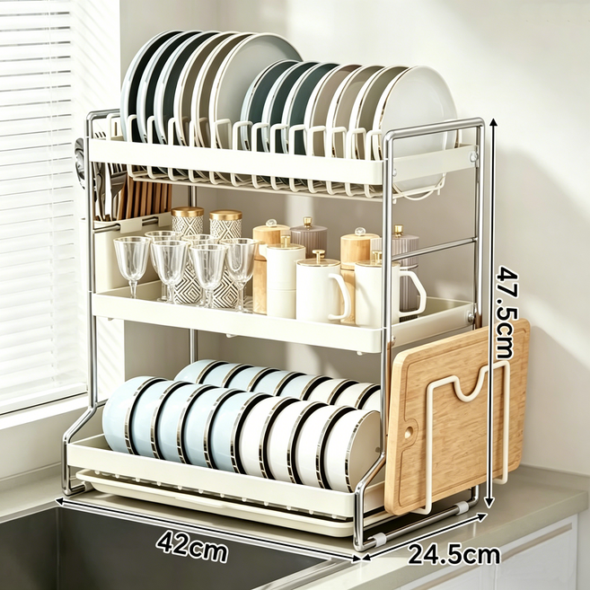 WHH 튼튼한 L형 탄소강 주방 조립식 식기 건조대, 1개, 베이지, 3단