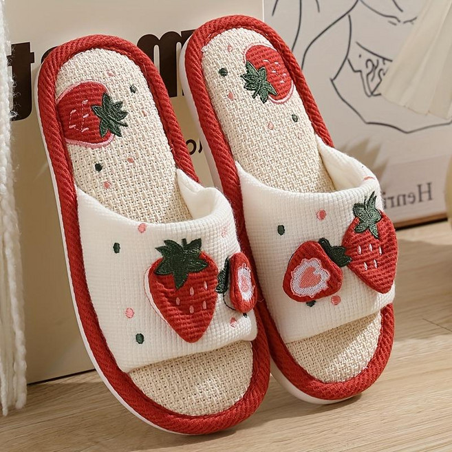 귀여운 딸기 자수 린넨 슬리퍼 통기성 오픈토 플랫 실내화, 1개, 딸기레드