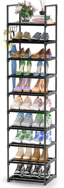 모던마켓 홈 수납정리 조립식 멀티 맞춤형 10단 간편조립 현관 신발수납장 부츠 장화 힐 정리대 +탈착형 후크, 블랙, 1개