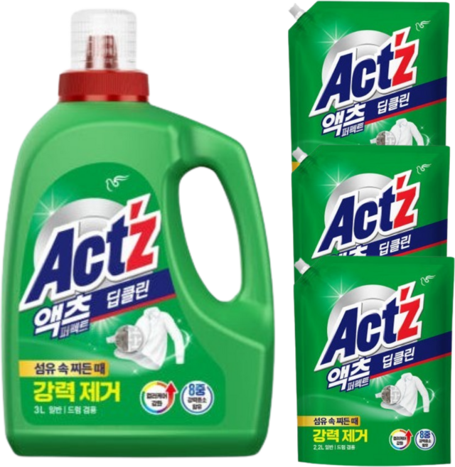 액츠 퍼펙트 액체세제 딥클린 용기 3L + 리필 2.2L 3개, 1, 1