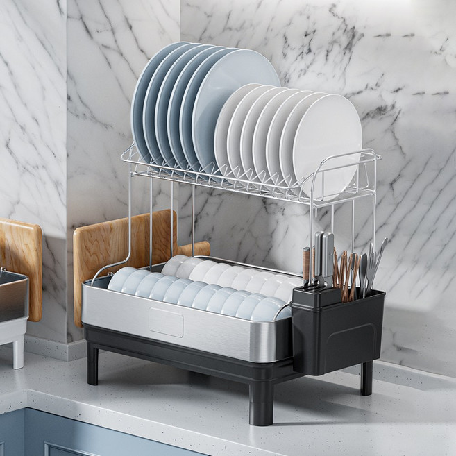 스텐 식기건조대 주방 304 소재 그릇 젓가락 도마 수납대, 1개, 블랙, 2단