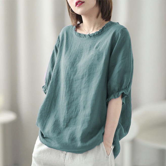 SAHINER 여성 반팔 블라우스 루즈핏 프릴 넥 린넨 혼방 봄여름 데일리 ATX62