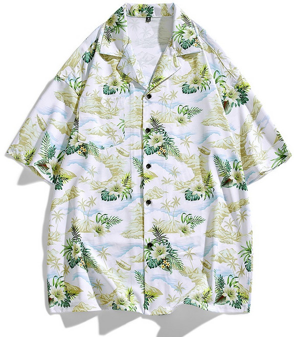 冰絲涼感花襯衫 - 情侶休閒寬鬆排汗衫/速乾衣, D002（夏季沙灘花襯衫短袖）,XL 建議體重70-77.5KG