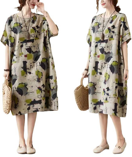 티류으스 50대 여성용 빅사이즈 풍기인견 원피스 (반팔 프린트 휴양지 롱 홀복) H070837