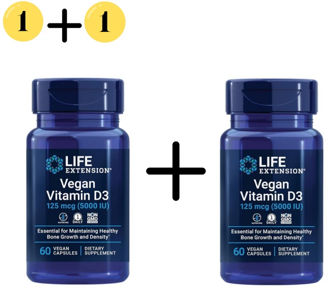 1+1 라이프 익스텐션 비건 비타민D3 125mcg 5000IU 60캡슐 콜레칼시페롤, 2개, 60정 - 쿠팡