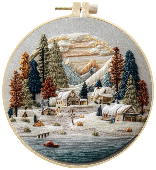 素子繡 刺繡DIY材料包 風景手工藝套件, 冬季海灘非成品25cm布,材料包 15cm仿竹繡繃 剪刀三件套, 1個