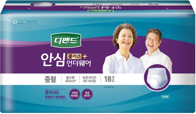 디펜드 남녀공용 안심플러스 요실금 언더웨어 성인기저귀, 중형, 18개입, 1개