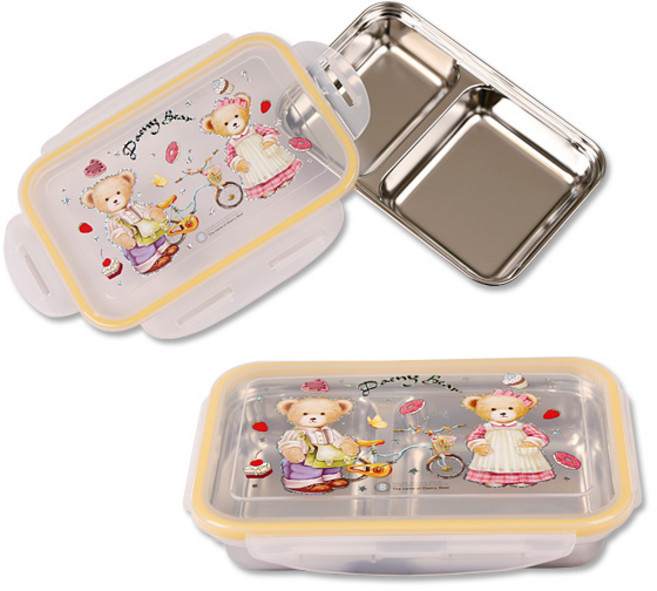 키즈마트 26716-데니베어 2구 잠금형스텐 미니간식도시락(2구락뚜껑간식접시) 영유아간식도시락 반찬통 소풍도시락, 1개