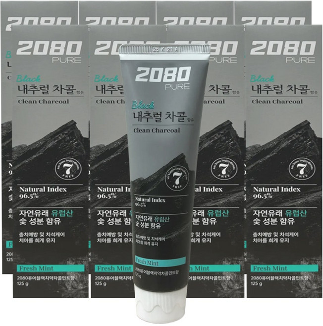 2080 퓨어 블랙 차콜민트 치약, 8개, 125g