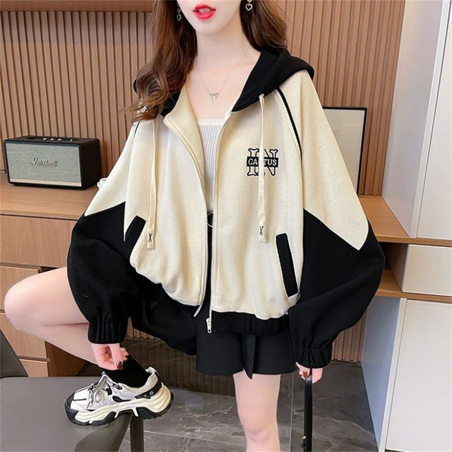 TKX 여성용 빅사이즈 캐주얼 후드 집업 외투 봄 가을 패션 루즈핏 스트릿 스타일