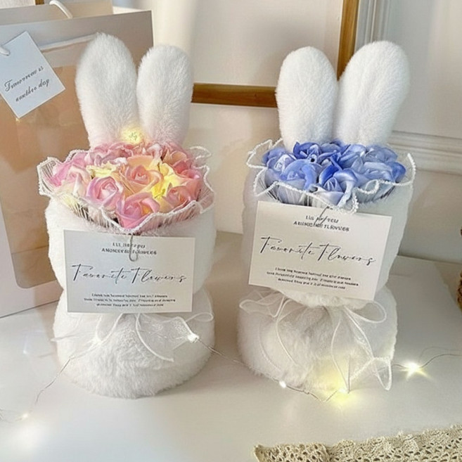 사롬사리 비누 꽃다발 토끼 쇼핑백 LED 전구 세트, 1개, 화이트 블루