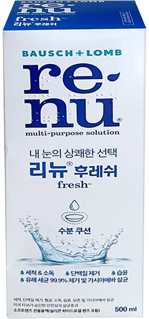 바슈롬 리뉴 후레쉬 렌즈 세척액 렌즈 보존액 + 올림생활 향균티슈 추가 구성, 500ml, 1개 - 쿠팡