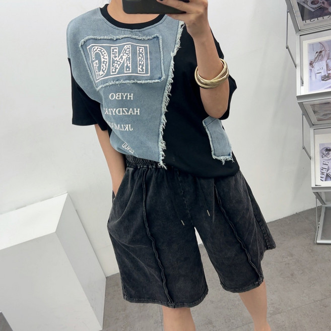 에브리룩 언발 데님 폰트 루즈핏 반팔 티(2컬러)