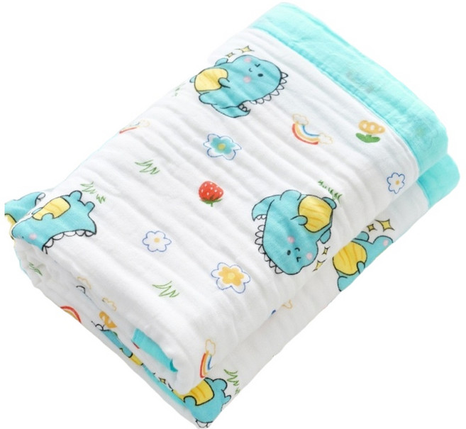 純棉六層紗布浴巾 嬰兒寶寶蓋毯 青色小恐龍款 吸濕透氣 多用途, 青色小恐龍, 1個