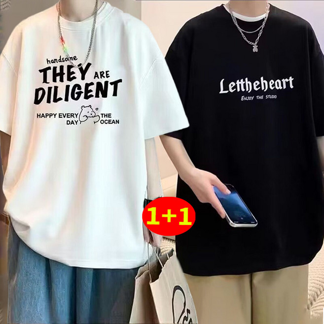 RCLET 1+1 남성 프린팅 반팔 티셔츠 빅사이즈 반팔티 오버핏 롱티셔츠 여름 라운드티 데일리 XL~5XL