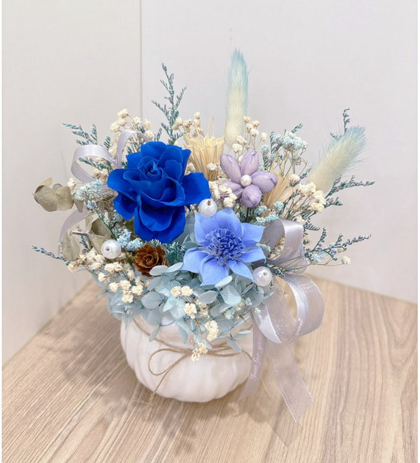 永生花盆 開幕花禮 乾燥花盆 致意花禮 入厝禮 升職禮 退休禮 開店賀禮 生日禮 擺飾永生乾燥花藝擺飾, 藍色.20cm.永生花.乾燥花.花盆
