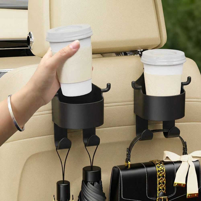 다온뷰 차량용 뒷자석 헤드레스트 컵홀더 핸드폰 거치 가방걸이, 블랙, 2개