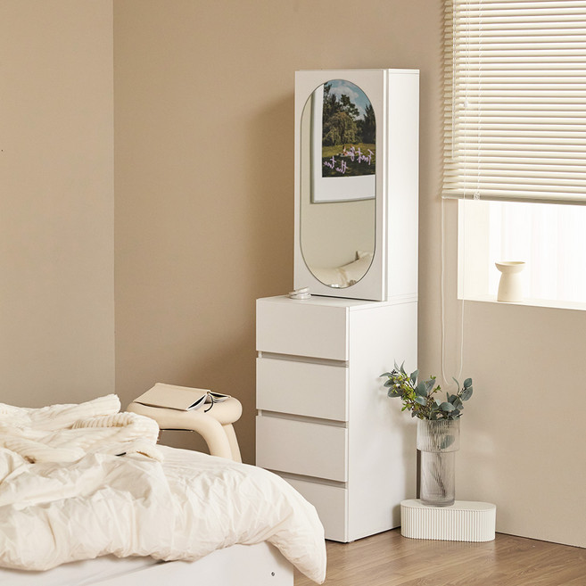 [할인해봄] 파로마 로우A 라운드 거울 틈새수납 공간활용 입식화장대 400, 화이트