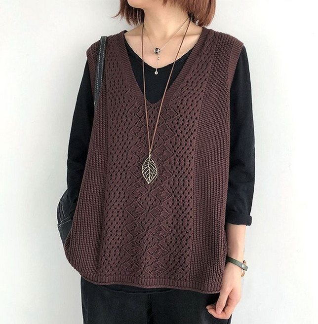 V領針織馬甲女 無袖鏤空坎肩 寬鬆顯瘦大碼毛衣女