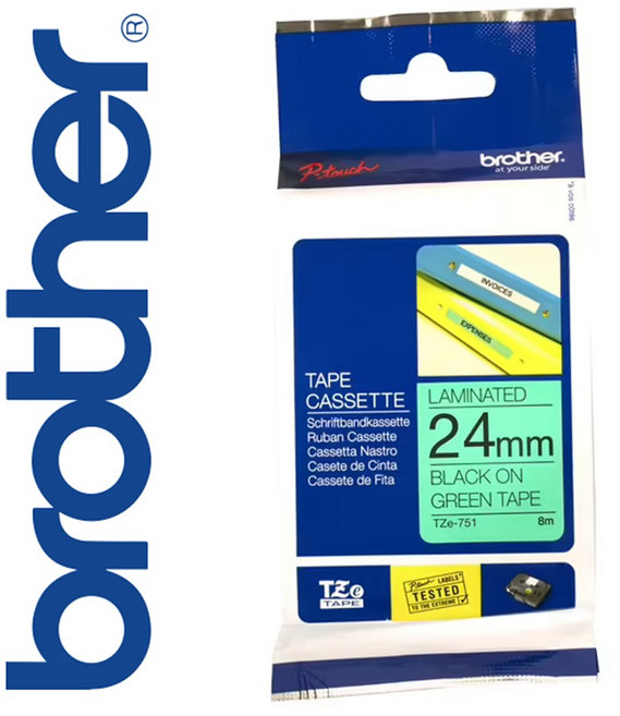 브라더 라벨테이프, 24mm [녹색바탕/검정글씨] TZe-751